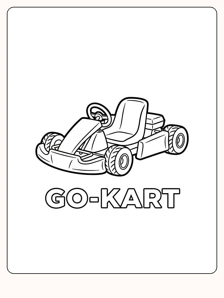 Tegning til farvelægning af en gokart, klar til print og farvelægning
