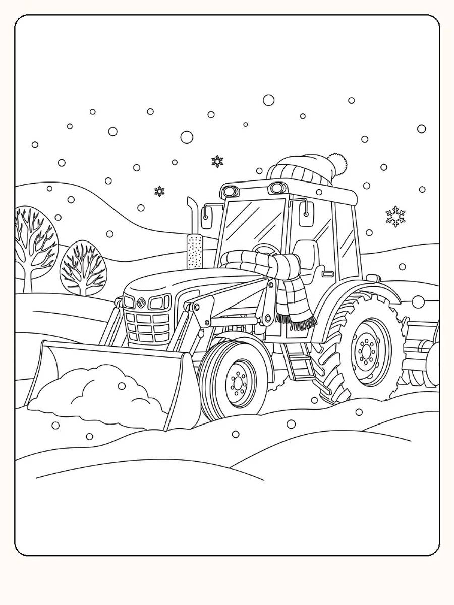 Fargeleggingstegning av traktor med lue og skjerf i vintersnø, klar til nedlasting