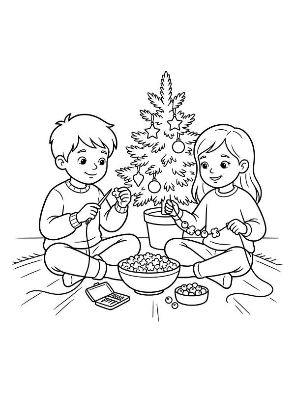 Børn, der træder popcorn på snor til jul