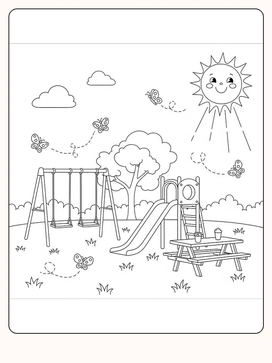 Fargeleggingsbilde av en lekeplass med sol, sommerfugler og lekeapparater, klar for utskrift