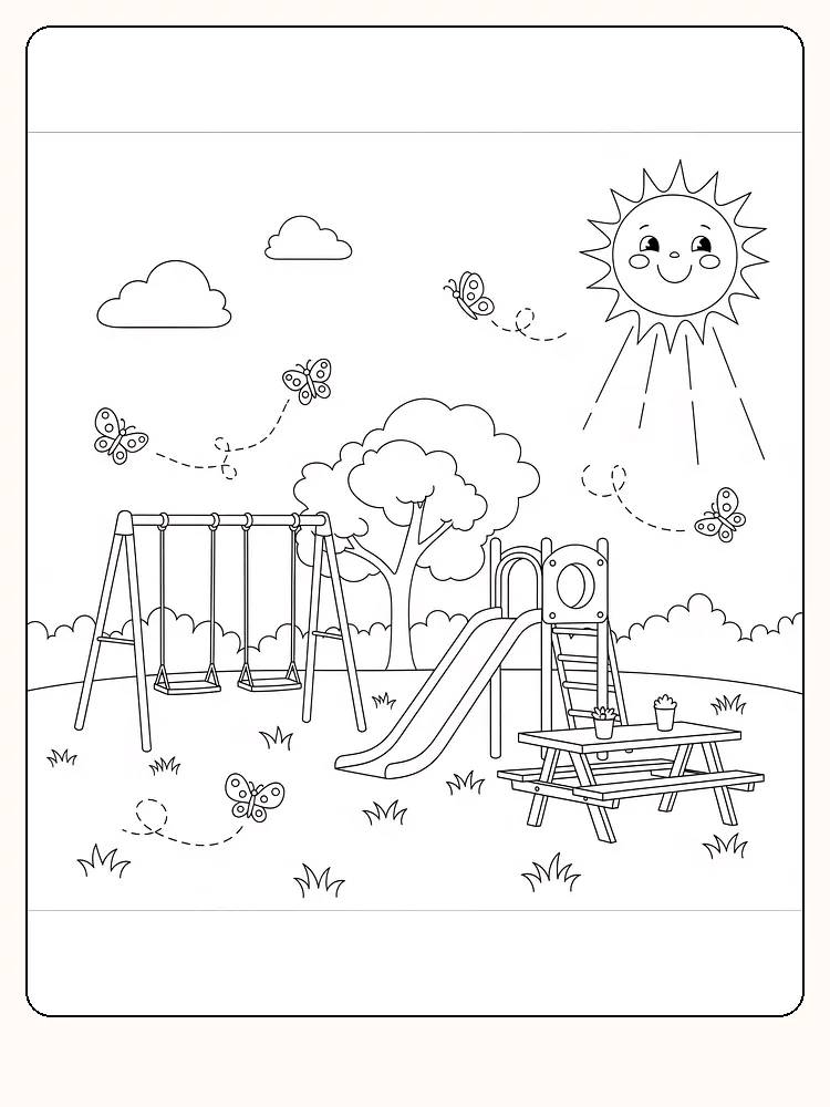 Fargeleggingsbilde av en lekeplass med sol, sommerfugler og lekeapparater, klar for utskrift