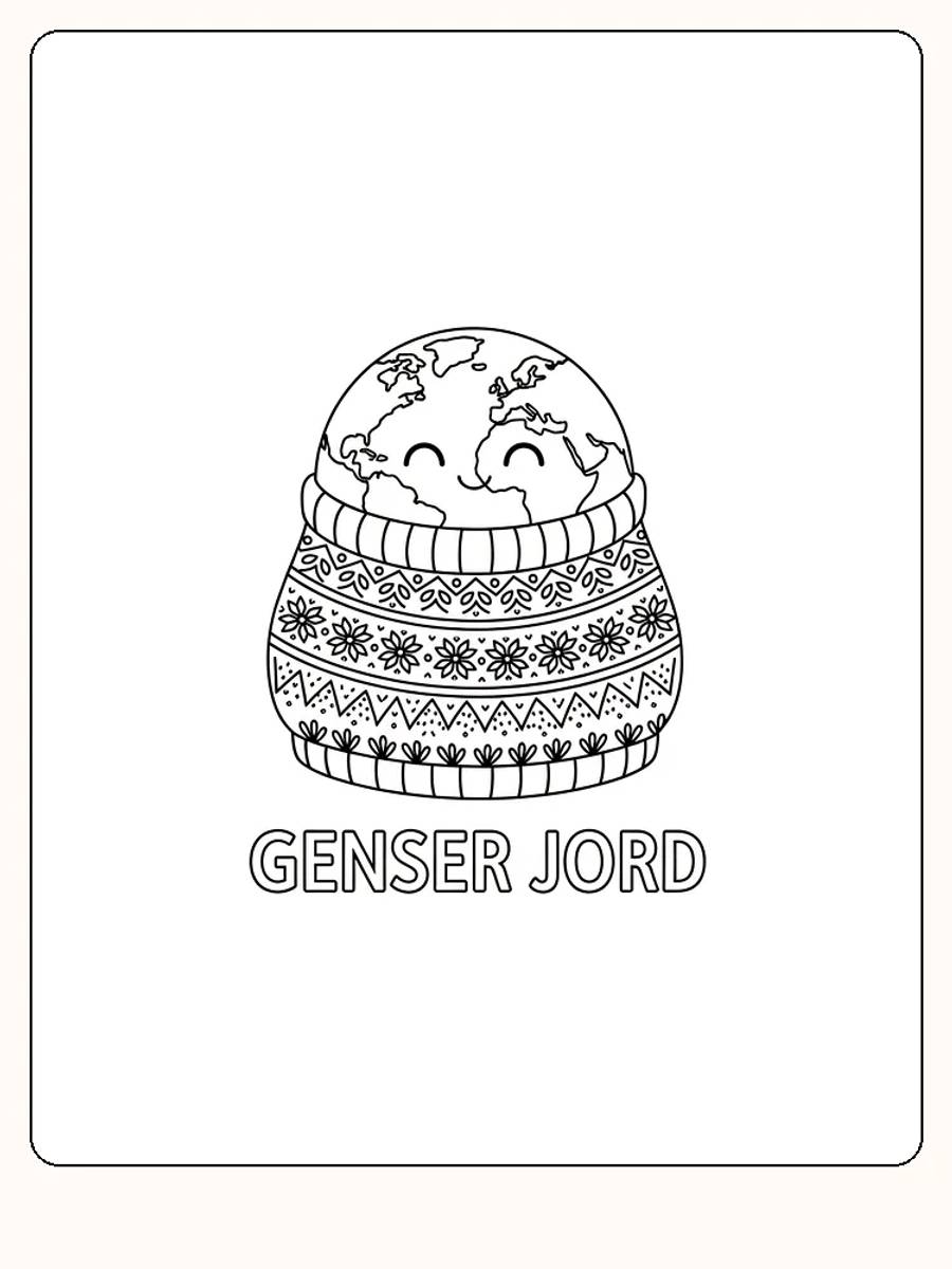 Tegning til farvelægning af jordklode med hyggelig sweater, klar til print