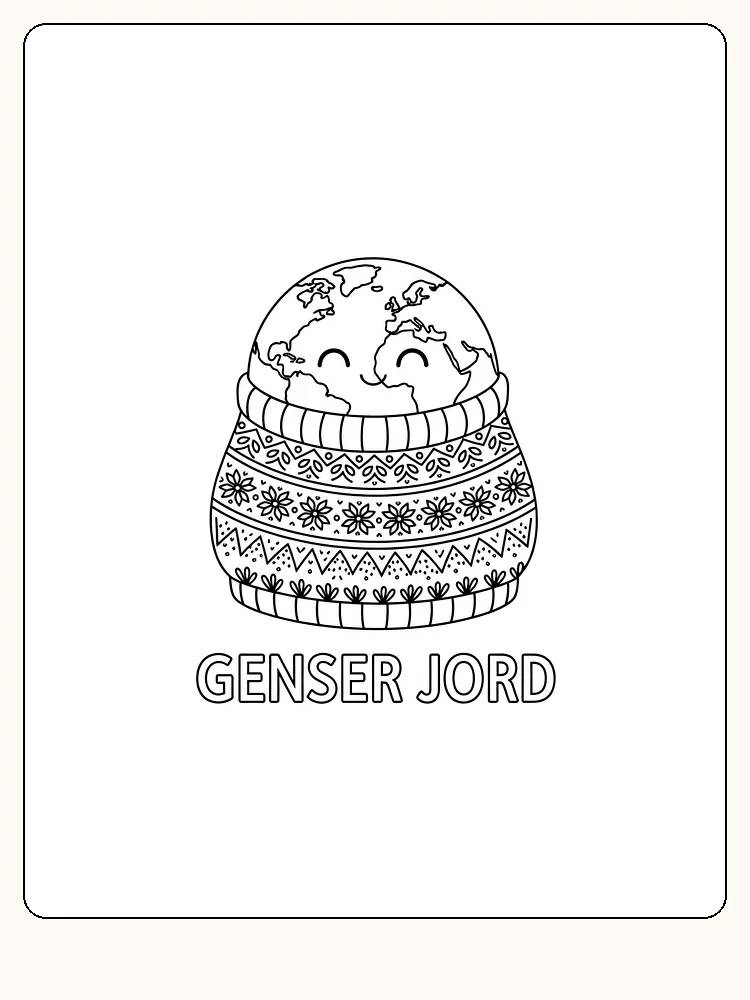 Tegning til farvelægning af jordklode med hyggelig sweater, klar til print