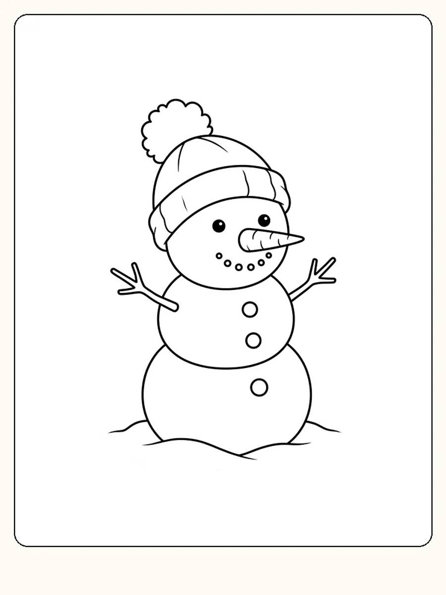 Schneemann aus drei Schneekugeln mit großer Strickmütze mit Bommel, Karottennase und erhobenen Stockarmen, der auf einem kleinen Schneehügel steht