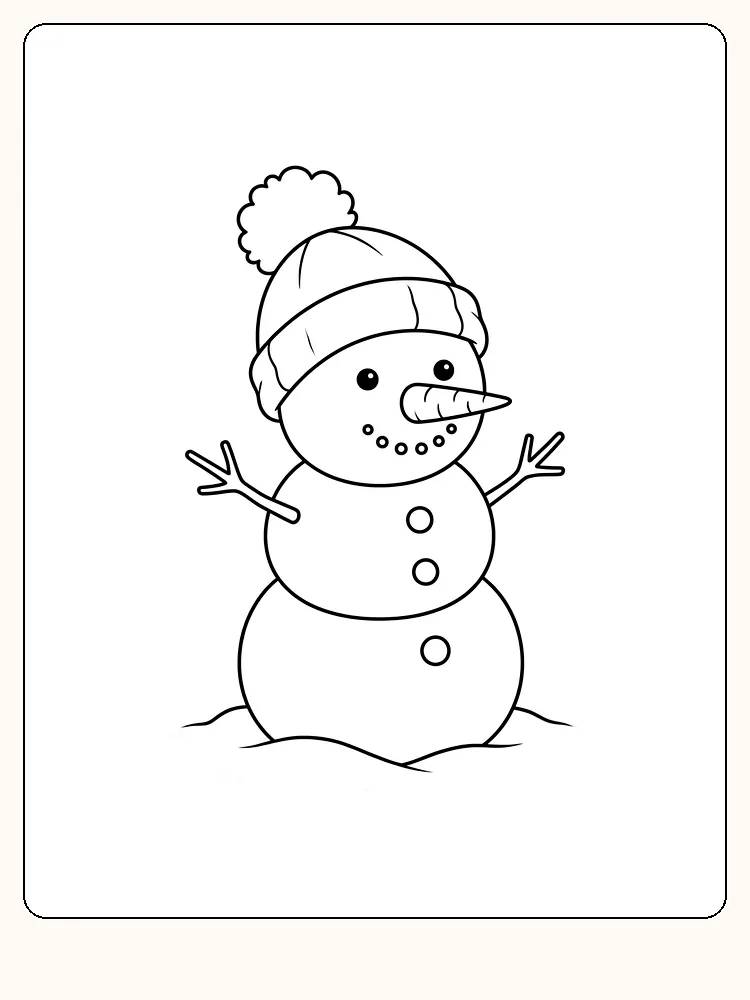 Schneemann aus drei Schneekugeln mit großer Strickmütze mit Bommel, Karottennase und erhobenen Stockarmen, der auf einem kleinen Schneehügel steht