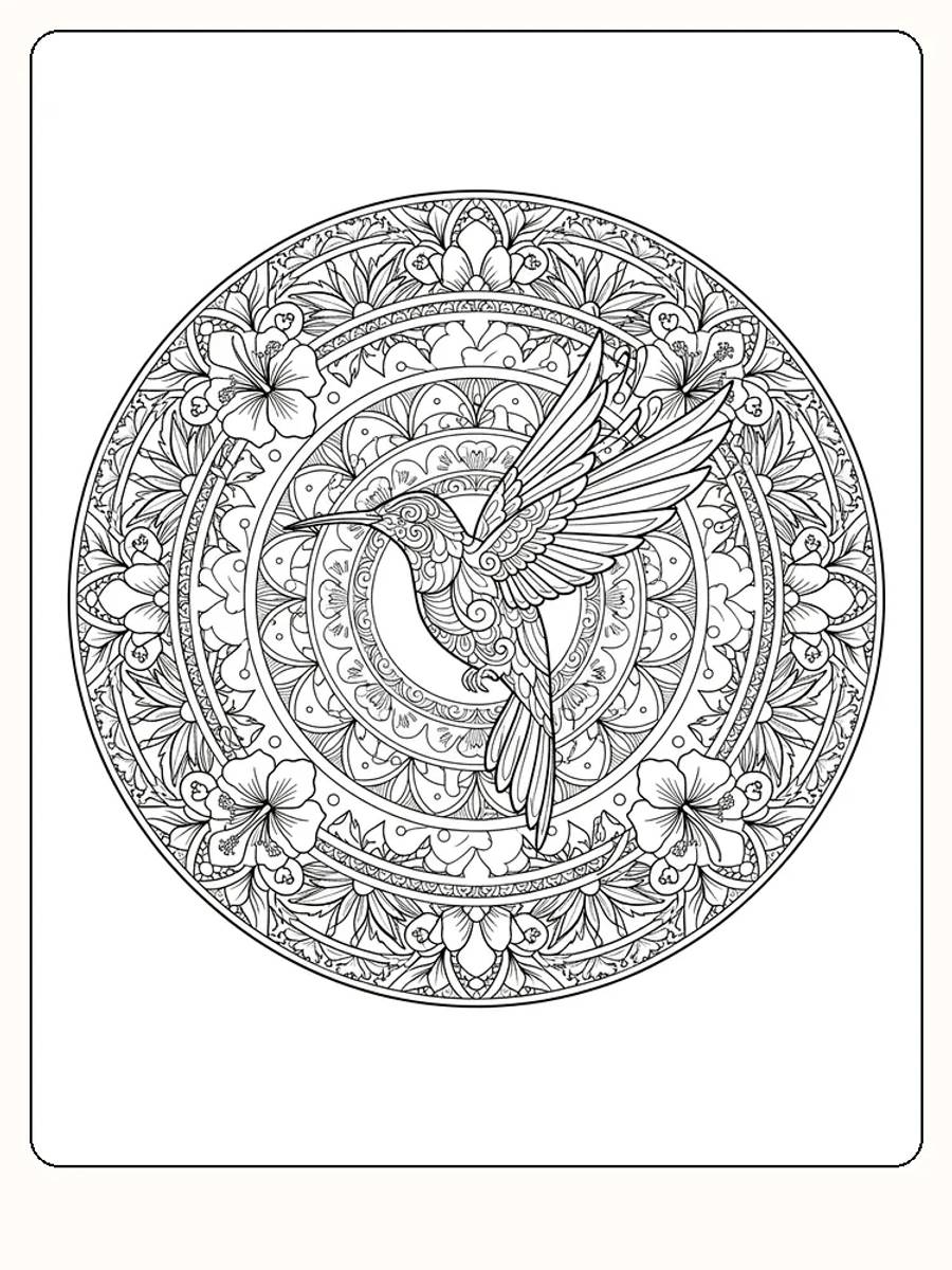 Intrikate mandala med kolibri og blomster, klar for å fargelegges