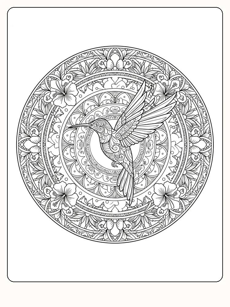 Intrikate mandala med kolibri og blomster, klar for å fargelegges