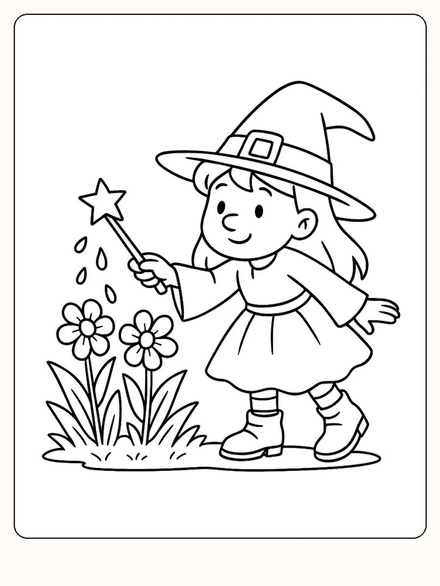 Tegning til farvelægning af en ung heks med tryllestav ved siden af blomster, klar til print