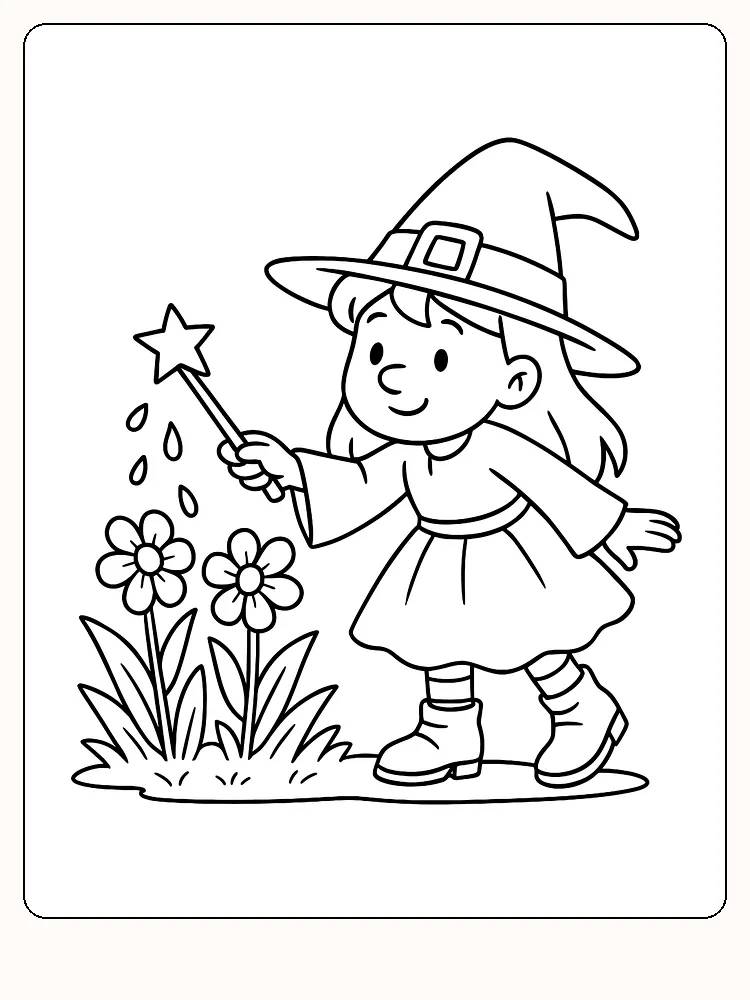 Tegning til farvelægning af en ung heks med tryllestav ved siden af blomster, klar til print