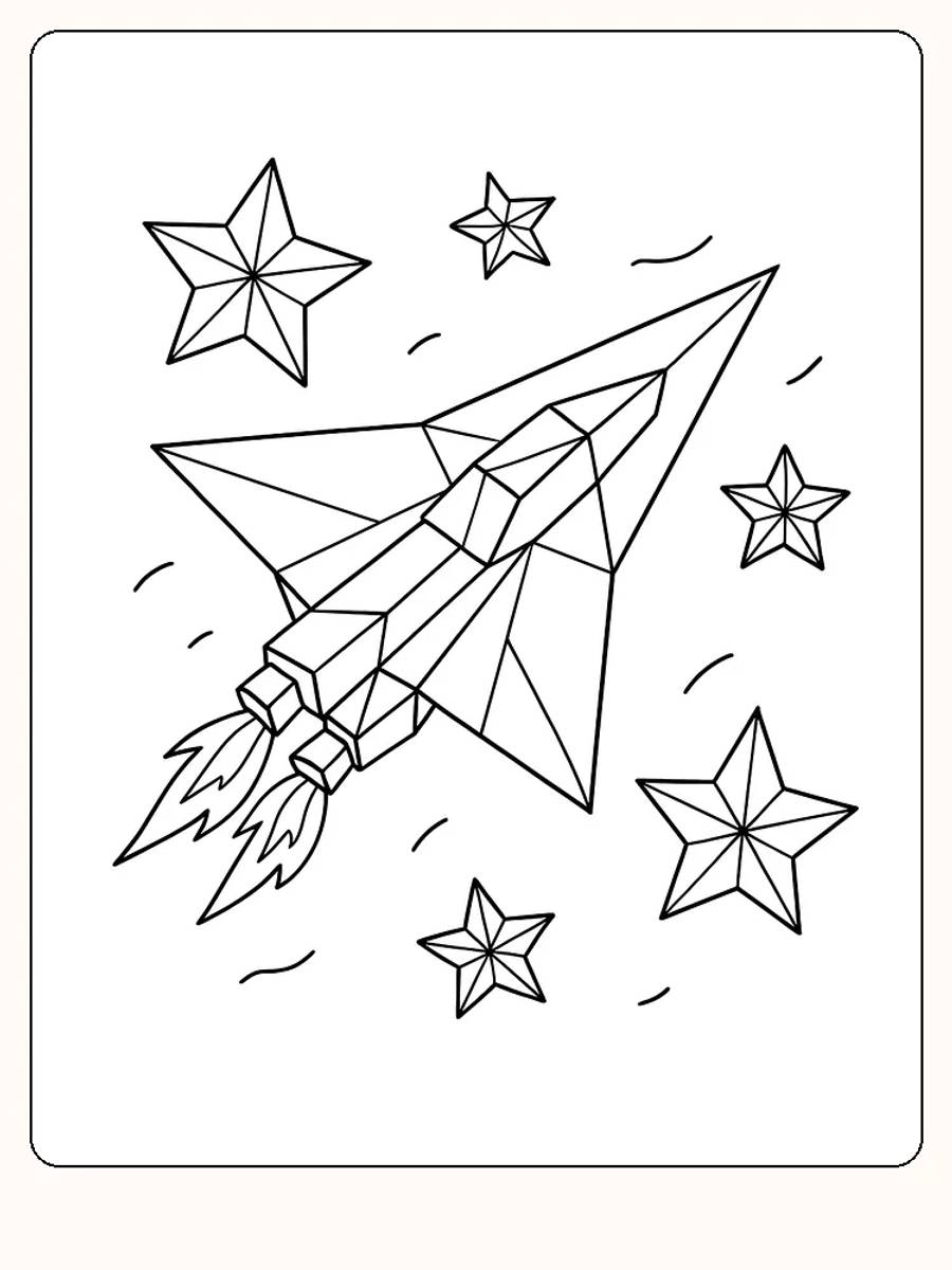 Målarbild av ett geometriskt rymdskepp med stjärnor, klart för nedladdning