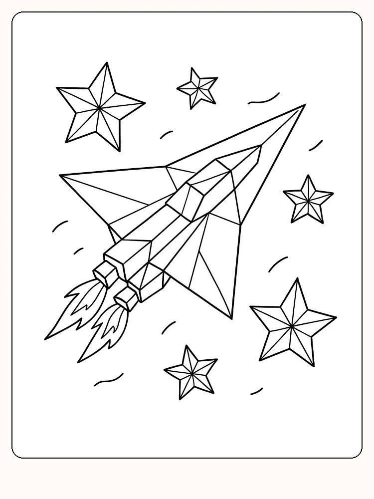 Målarbild av ett geometriskt rymdskepp med stjärnor, klart för nedladdning