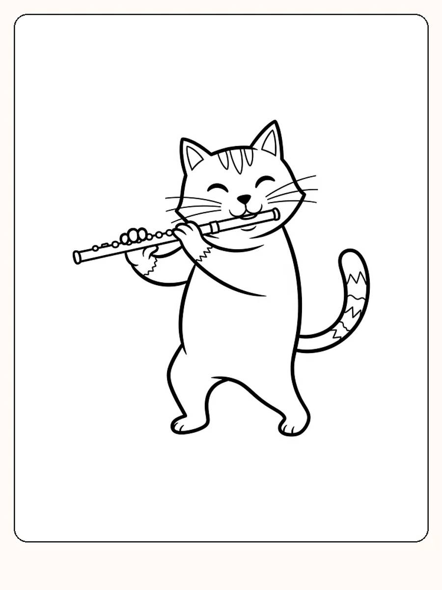 Tegning til farvelægning af en kat, der spiller fløjte, klar til print