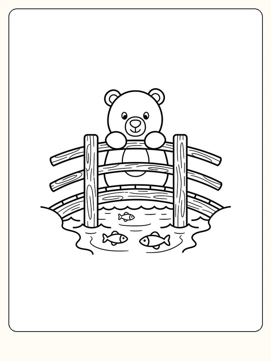 Tegning til farvelægning af en bamse, der læner sig over en bro med fisk i vandet