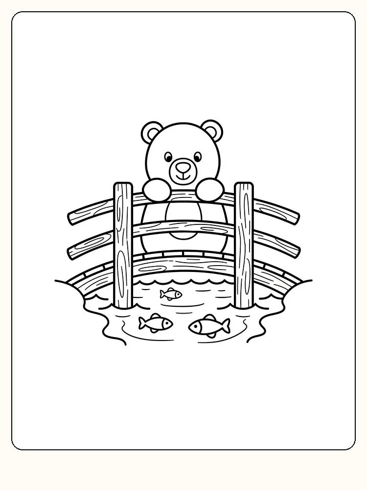 Tegning til farvelægning af en bamse, der læner sig over en bro med fisk i vandet