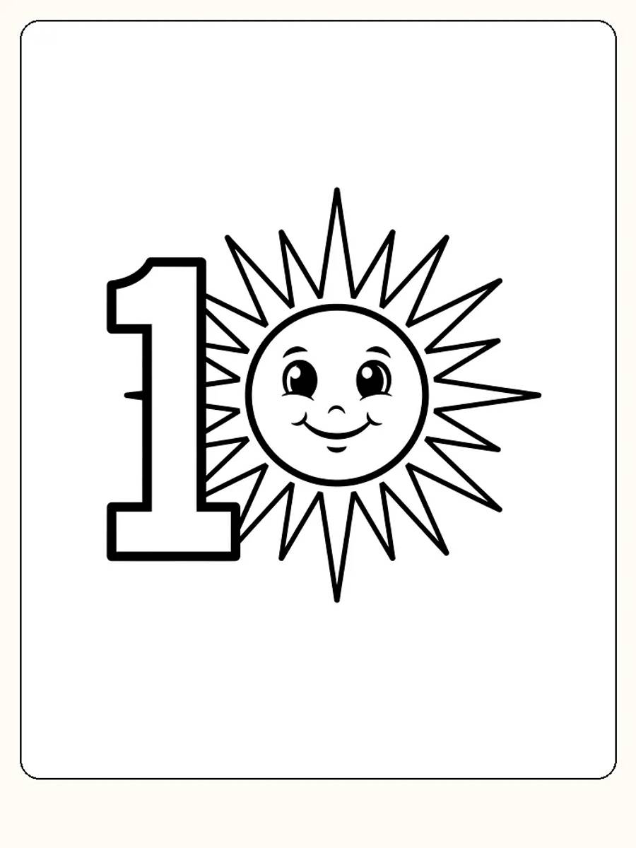 Tegning til farvelægning af en smilende sol ved siden af tallet 1, klar til print