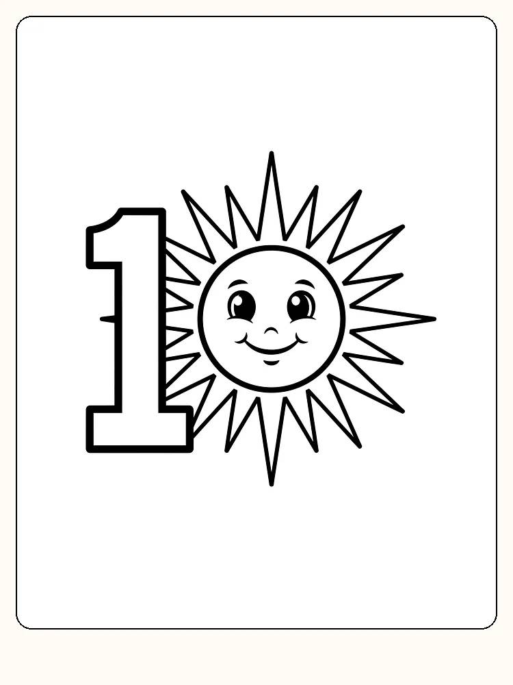 Tegning til farvelægning af en smilende sol ved siden af tallet 1, klar til print