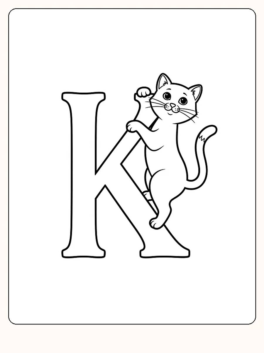 Fargeleggingsbilde av en katt som klatrer på bokstaven K, perfekt for barn