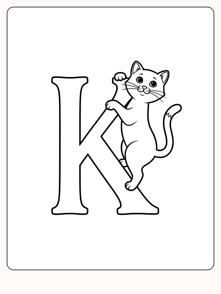 Fargeleggingsbilde av en katt som klatrer på bokstaven K, perfekt for barn