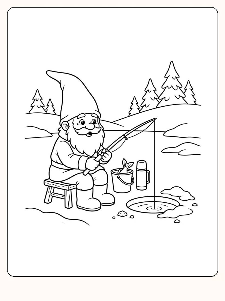 Nisse med spids hue, der sidder på en skammel og fisker i et rundt hul i isen, med spand, termokande og grantræer i baggrunden