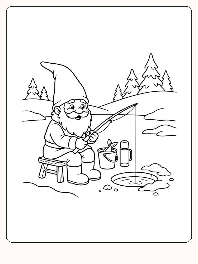 Nisse med spids hue, der sidder på en skammel og fisker i et rundt hul i isen, med spand, termokande og grantræer i baggrunden