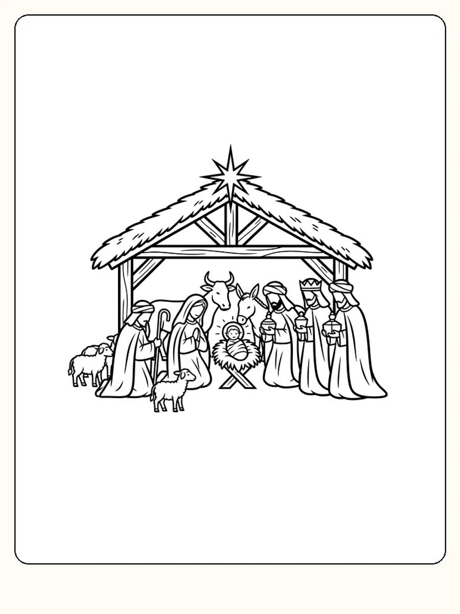 Fargeleggingstegning av en julekrybbe med Jesusbarnet omgitt av Maria, Josef, de vise menn og dyr