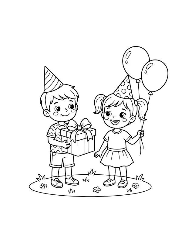 Anniversaire avec des enfants, un cadeau et des ballons