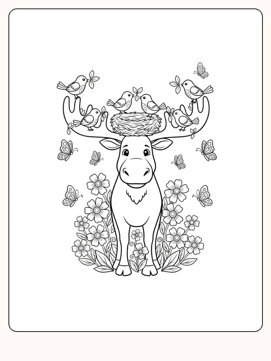 Tegning af en elg med blomster og fugle i geviret, klar til print