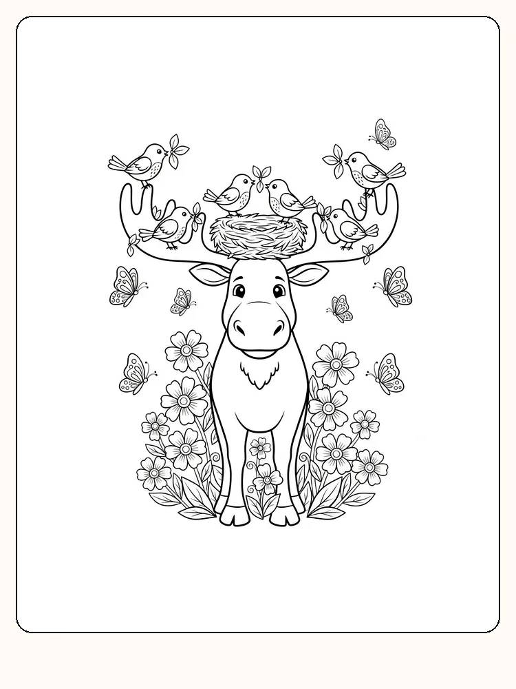 Tegning af en elg med blomster og fugle i geviret, klar til print