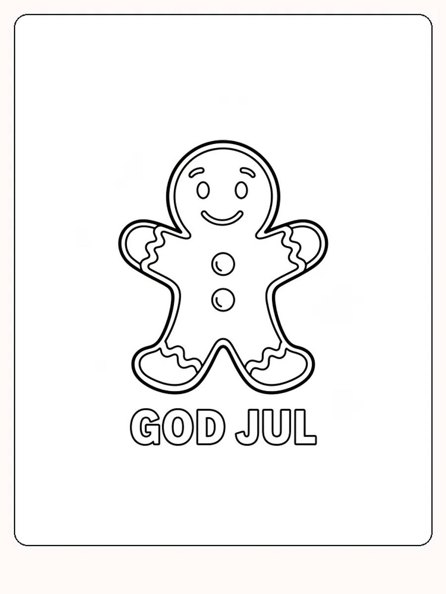 Fargeleggingsbilde av en pepperkakefigur med teksten 'God Jul'