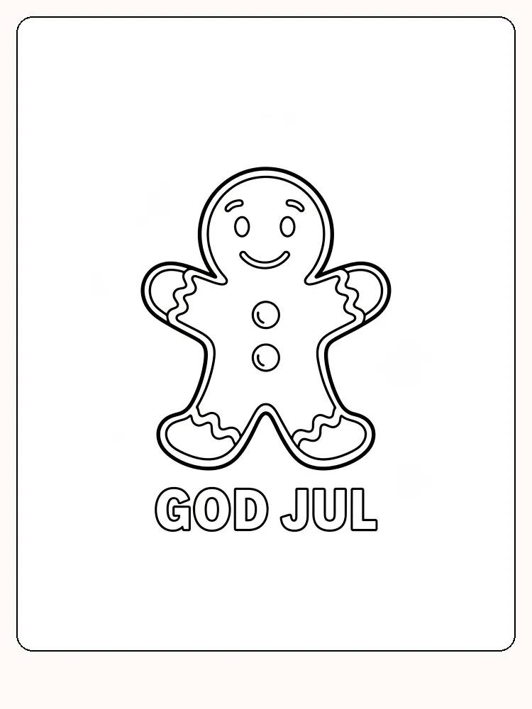 Fargeleggingsbilde av en pepperkakefigur med teksten 'God Jul'