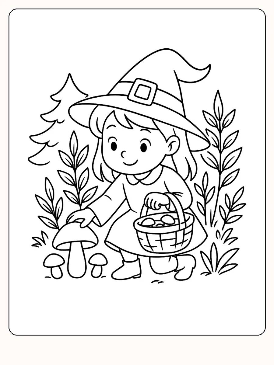Ausmalbild einer kleinen Hexe, die im Wald Pilze sammelt, perfekt für Kinder.