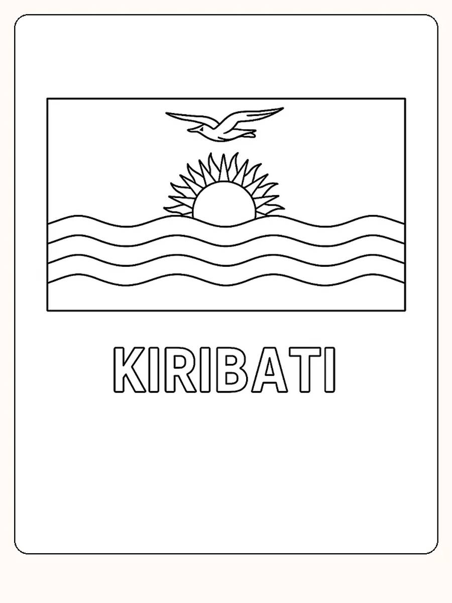 Das Flagge von Kiribati mit Vogel, Sonne und Wellen, bereit zum Ausmalen.