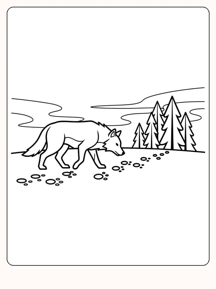 Tegning til farvelægning af en ulv, der snuser til jorden i skoven, klar til print