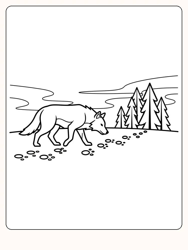 Tegning til farvelægning af en ulv, der snuser til jorden i skoven, klar til print
