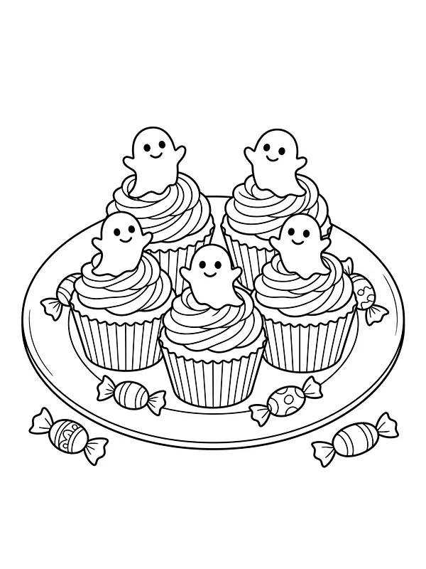 Halloween-muffins med spøgelser på et fad