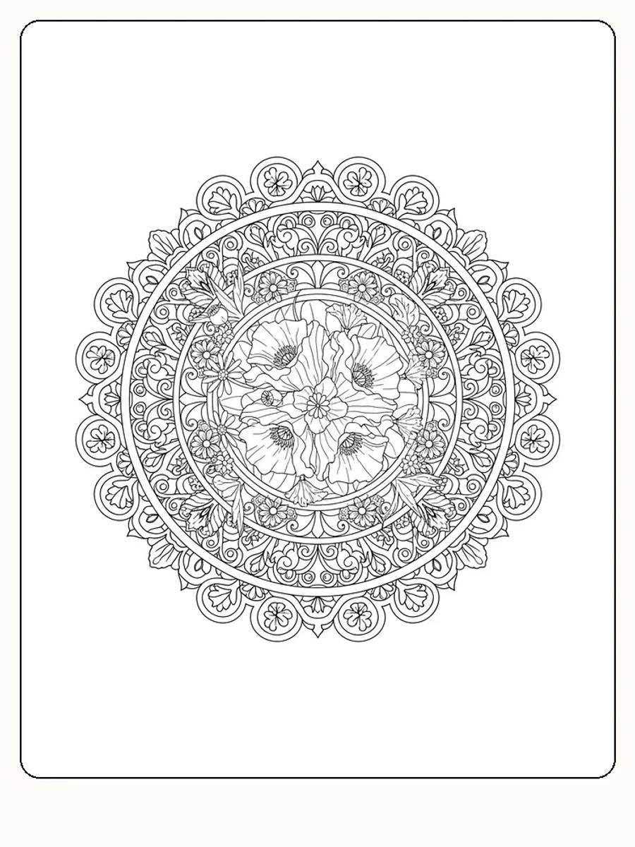 Detailreiche Blumenmandala zum Ausmalen, perfekt für Achtsamkeit und Entspannung.