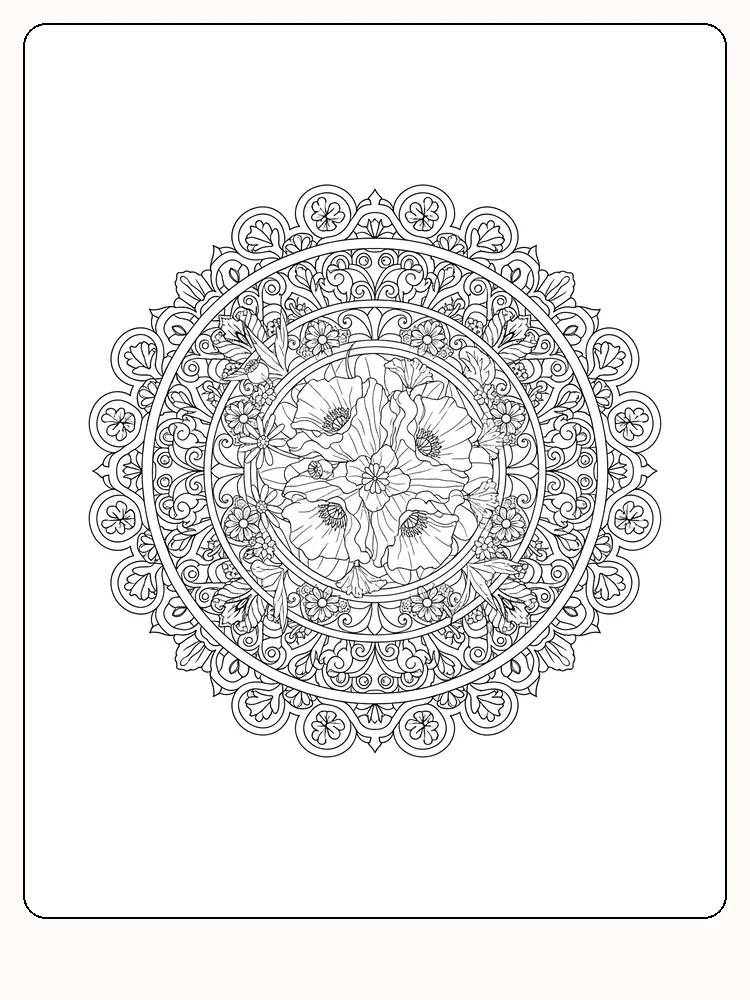 Detailreiche Blumenmandala zum Ausmalen, perfekt für Achtsamkeit und Entspannung.