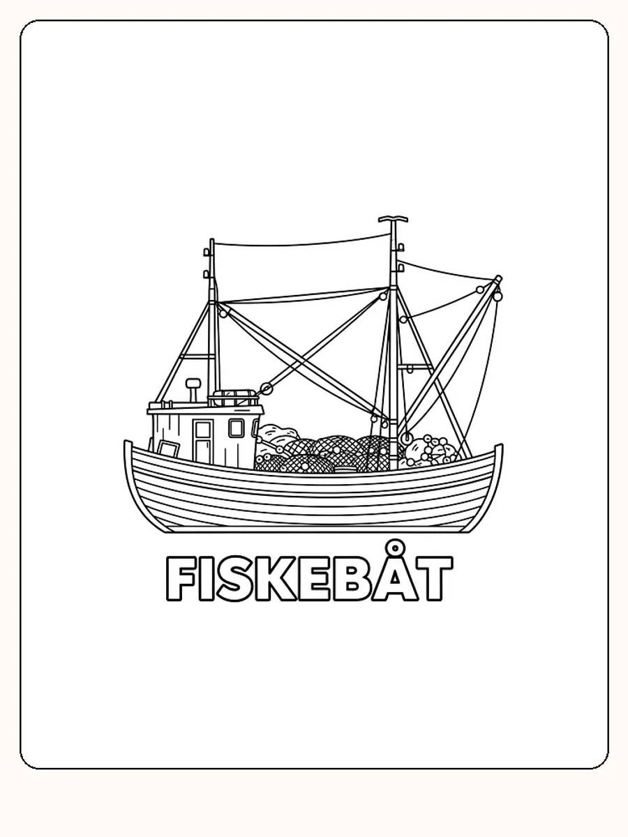 Ausmalbild eines Fischkutters mit Netz, bereit zum Ausdrucken