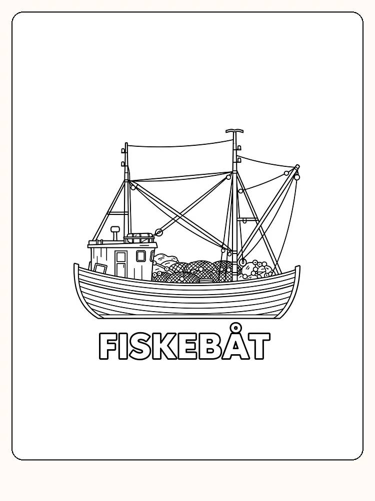 Ausmalbild eines Fischkutters mit Netz, bereit zum Ausdrucken