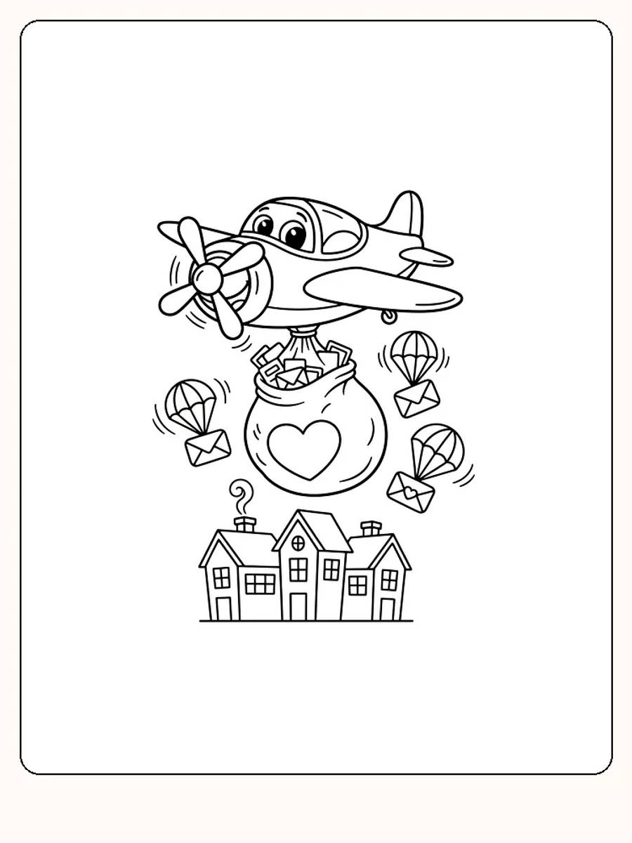 Målarbild av ett leende flygplan som släpper brev över hus.
