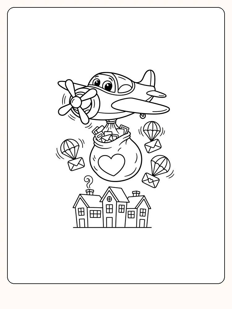 Målarbild av ett leende flygplan som släpper brev över hus.