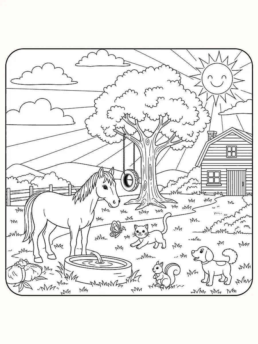 Rolig gårdsscene med hest, katt, hund, ekorn og sommerfugl ved et trehus for fargelegging