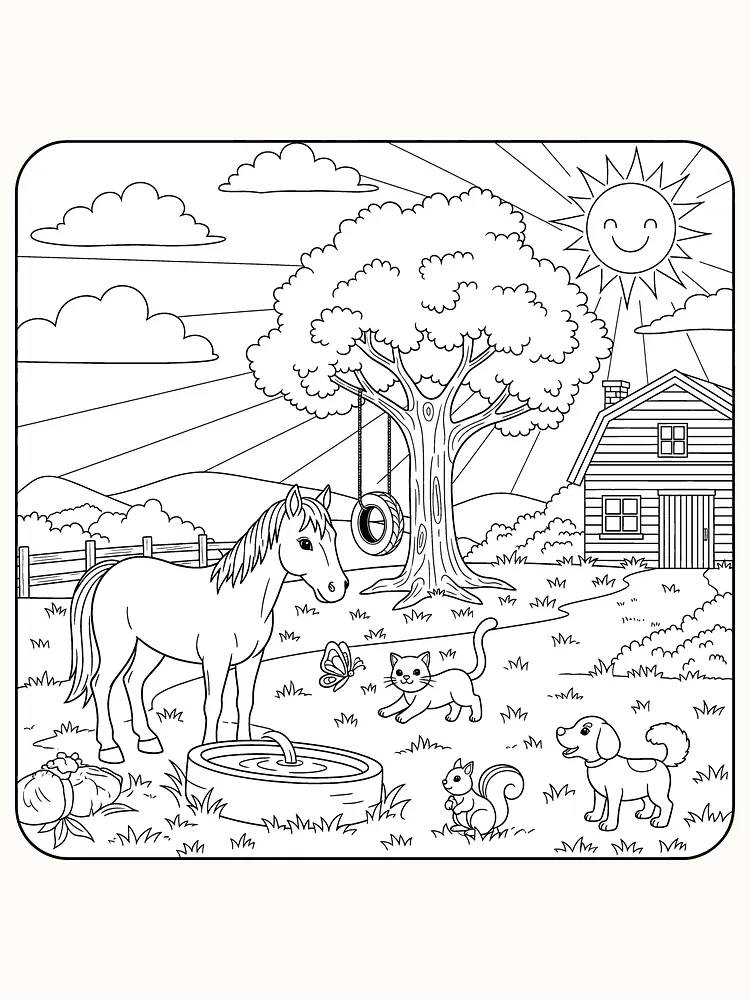 Rolig gårdsscene med hest, katt, hund, ekorn og sommerfugl ved et trehus for fargelegging