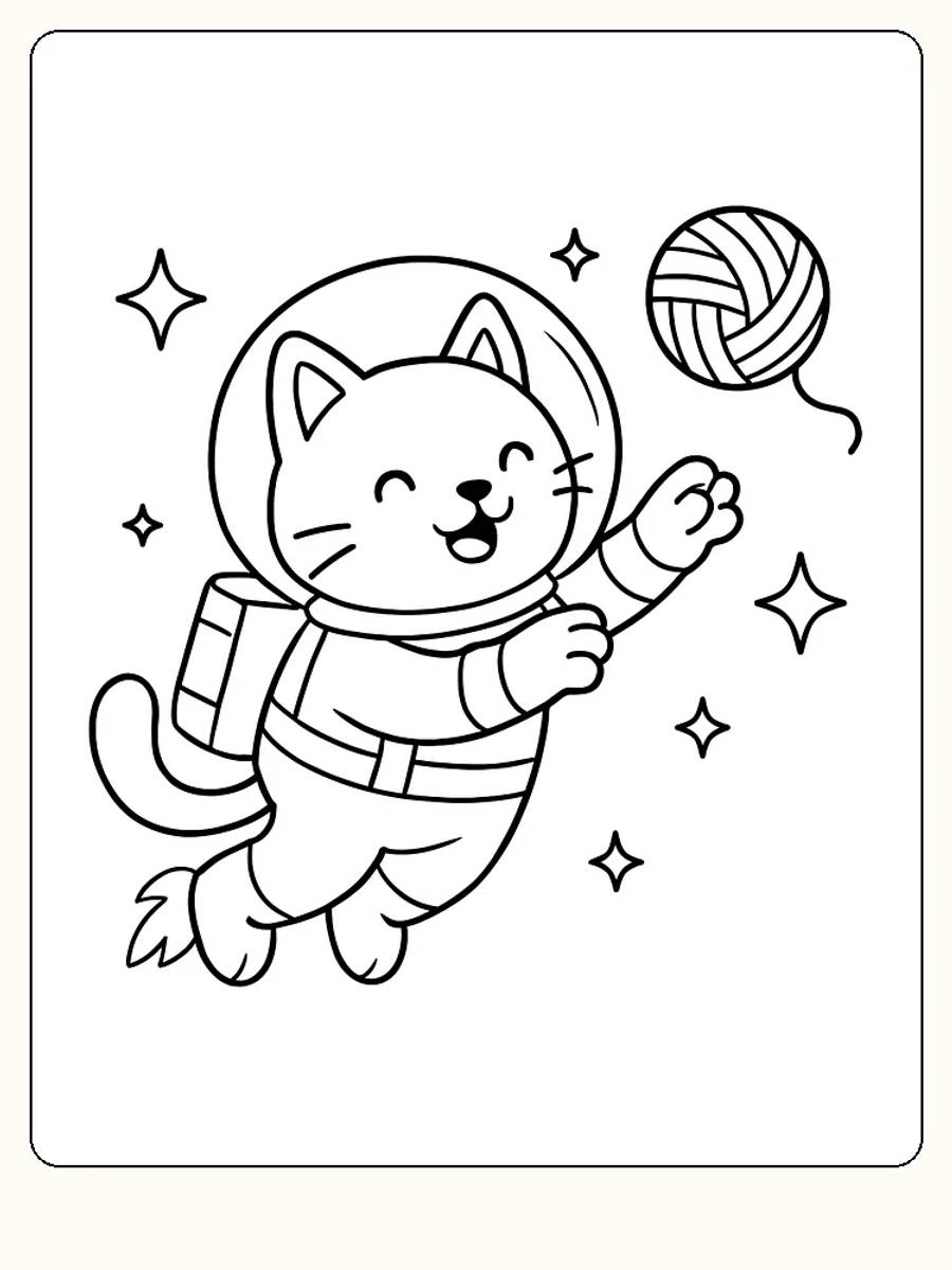 Tegning til farvelægning af kat i astronautdragt, der svæver i verdensrummet, med garnnøgle