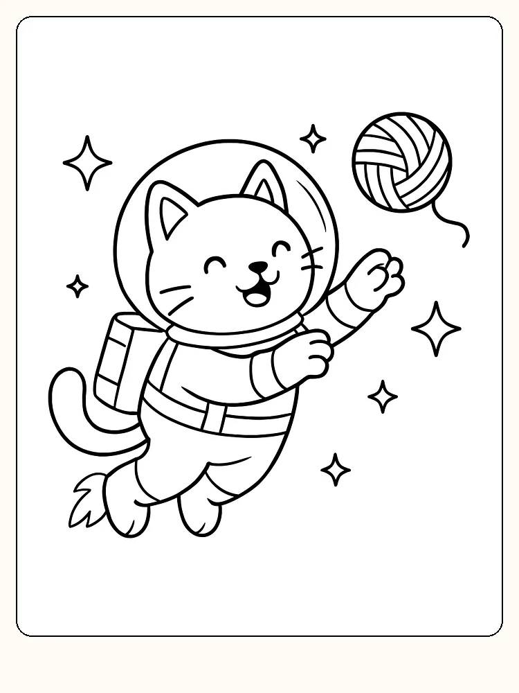 Tegning til farvelægning af kat i astronautdragt, der svæver i verdensrummet, med garnnøgle