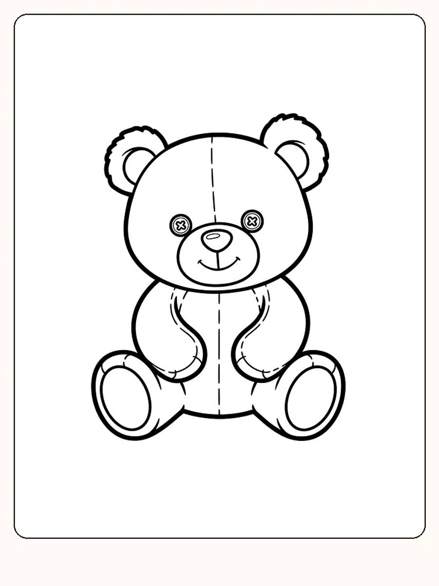 Ausmalbild eines sitzenden Teddybären mit Knopfaugen, bereit zum Ausmalen.