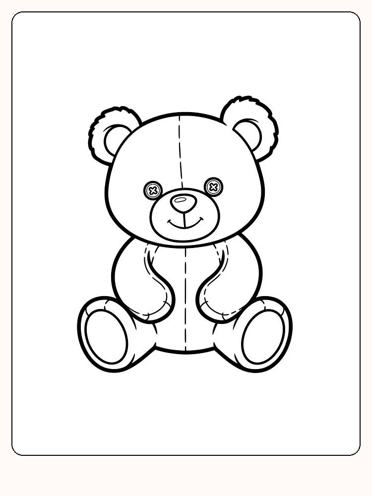 Ausmalbild eines sitzenden Teddybären mit Knopfaugen, bereit zum Ausmalen.