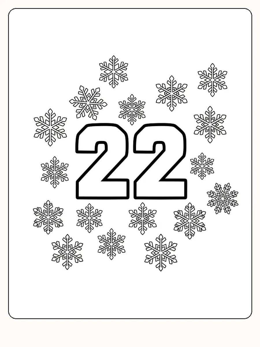 Ausmalbild mit der Zahl 22, umgeben von Schneeflocken, bereit zum Ausdrucken.