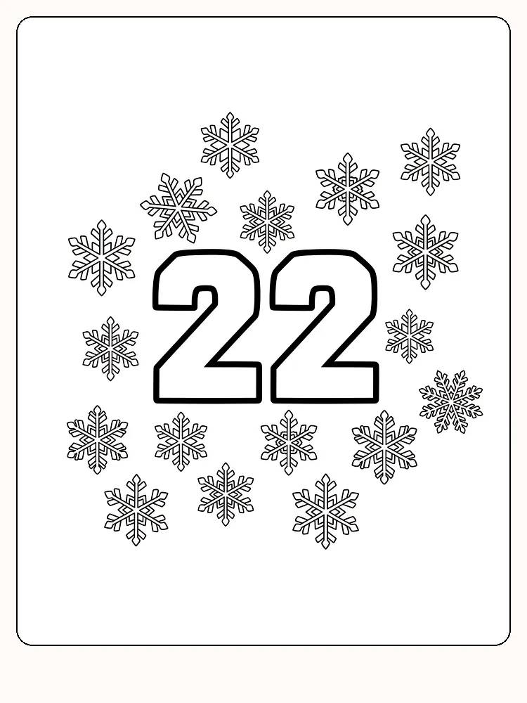 Ausmalbild mit der Zahl 22, umgeben von Schneeflocken, bereit zum Ausdrucken.