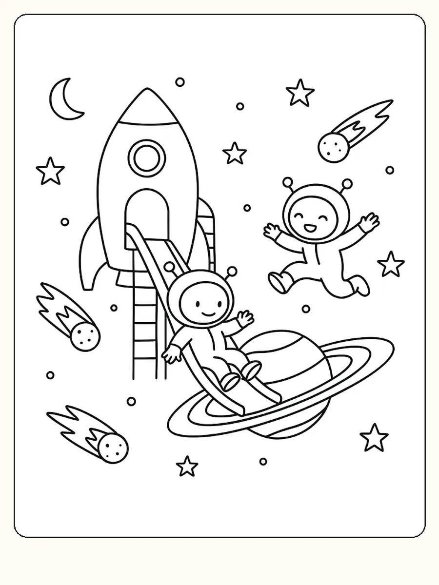 Farvelægning af et glad barn som astronaut med raket og stjerner i rummet